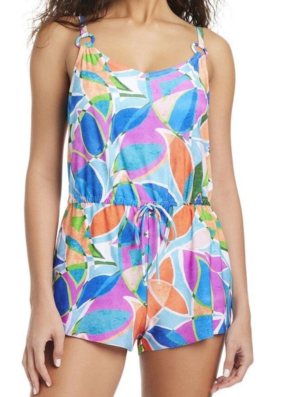 BEYOND SWIMWEAR Colorful Abstract One-Piece Swim Romper Tummy Control NWT Sz 10